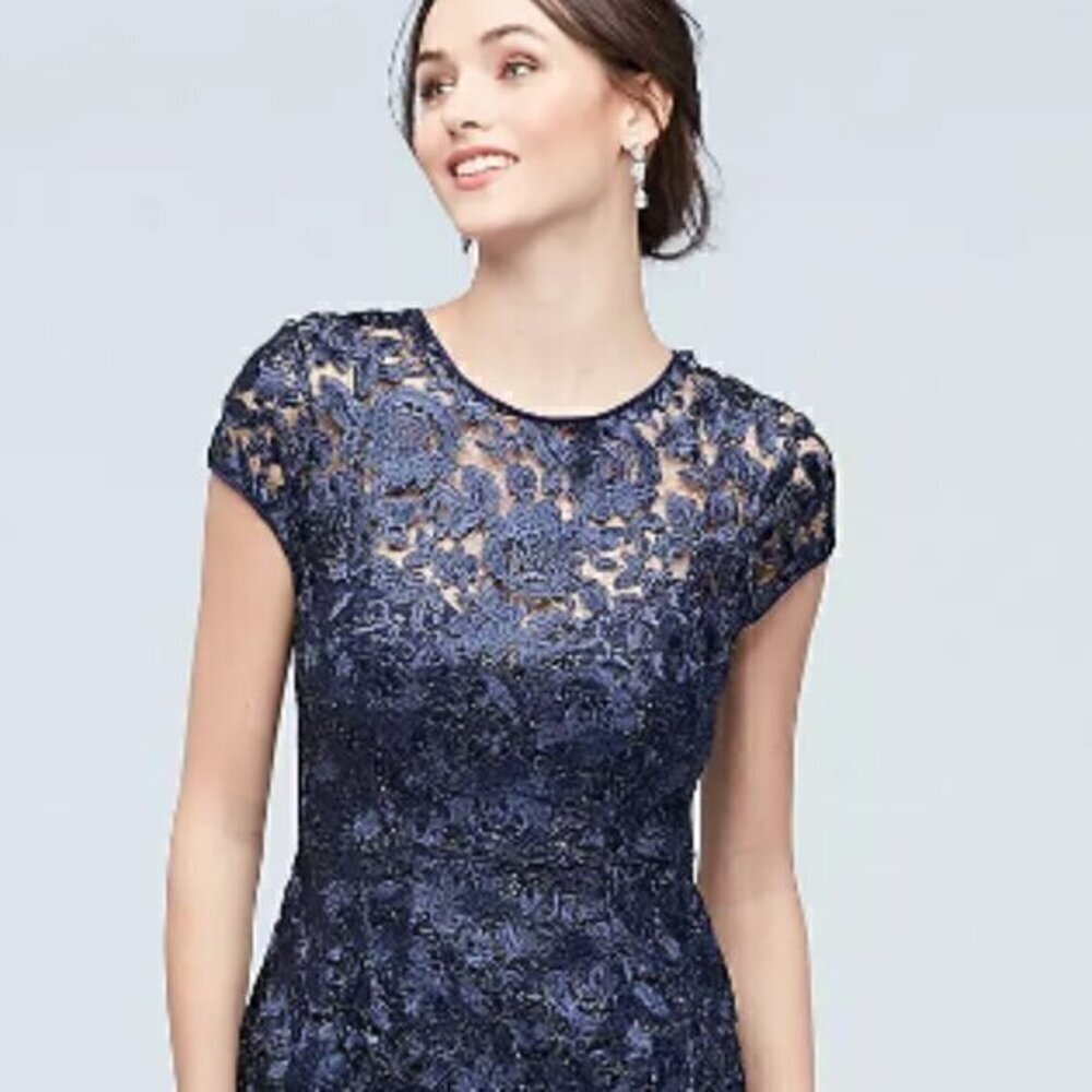 Marina Dress womens 4 blue metallic lace illusion cap sleeve gown